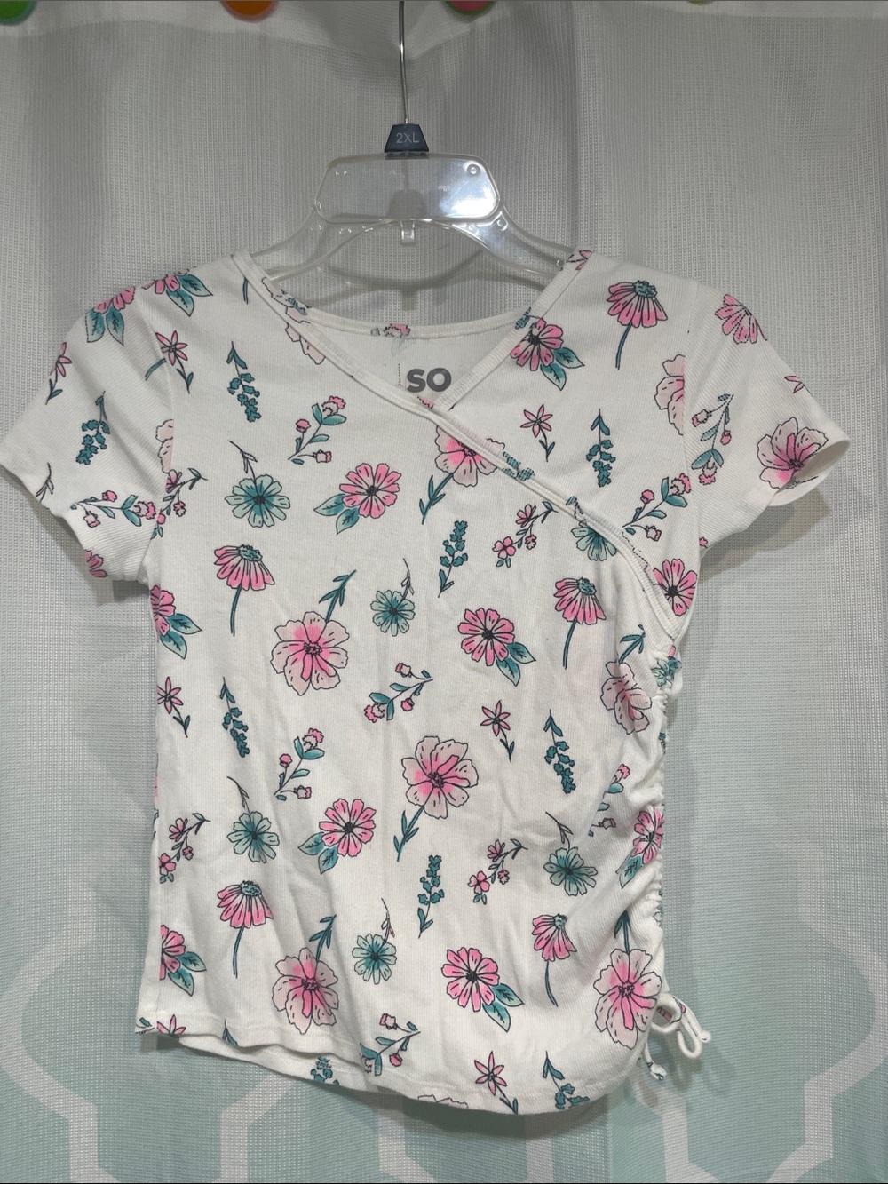 SO White Floral Wrap-Style Short Sleeve Top with Pink & Teal Flowers